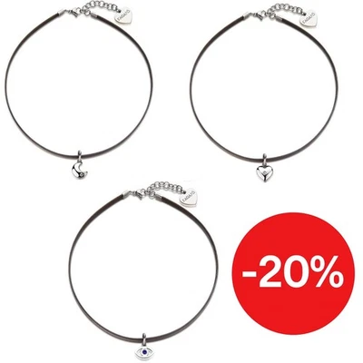 Collana Choker Donna in Pelle Sagapo con Pendente Cuore Luna Occhio Acciaio - Immagine 1 di 2