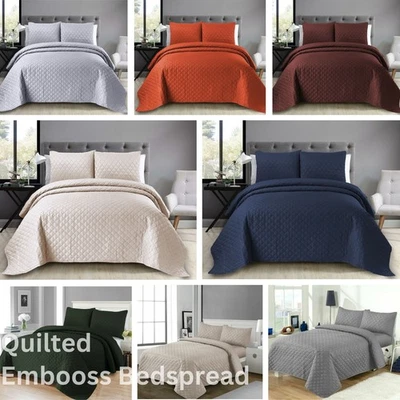 3 Piece Luxury Embossed Quilted Bedspread Bed Throw Double King Size Bedding Set - Image 1 of 4