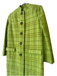 Cappotto lungo lana tweed verde/abbronzato a quadri vintage anni '60 foderato con bottoni donna S/M - Foto 1 di 10