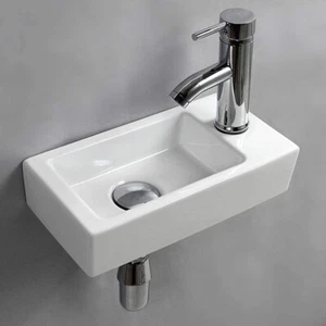 Small Wall Mount Sink, Left Hand, Rectangle Porcelain Ceramic Mini - Picture 1 of 6