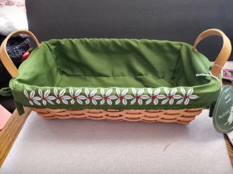 Martha Stewart Wicker Handle Basket With Liner Embroidered Poinsettias Cover