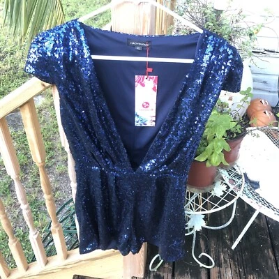 Mameluco Haoyouduo Azul Lentejuelas Talla L XL Escote Profundo Manga Gorra Tap Shorts NUEVO Foto 1 de 4