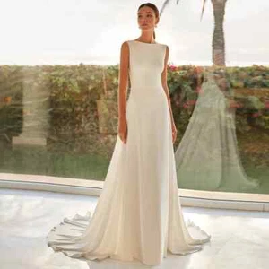 O-Neck Wedding Dresses with Open Back and Sweep Train Minimalist Sleeveless - Picture 1 of 11