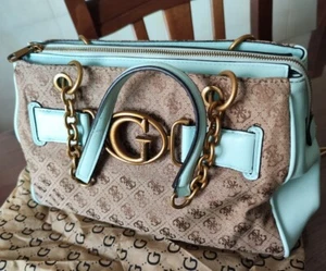 Borsa GUESS a mano con stoffa beige/marrone logo e ecopelle azzurro - Foto 1 di 7