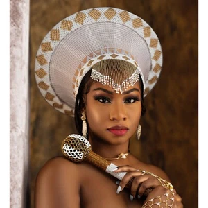 3 in Isicholo Zulu Basket Hat, African Hat, Cream/Gold color African Woman's Hat - Picture 1 of 4