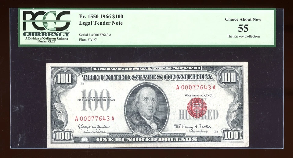 DBR 1966 $100 Legal Fr. 1550 PCGS 55 Serial A00077643A - Image 1 of 2