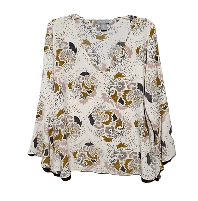 Blusa Top Kenar L Para Mujer Gris Crema Floral Cuello en V Manga Campana Foto 1 de 4