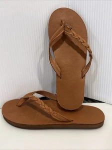 Rainbow Flip Flop Thong Sandals Braided Leather Top Women 5.5-6.5 Tan Beach Yoga - Picture 1 of 24