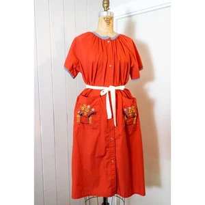 Vintage 70s Gardening MuuMuu, Red Midi House Dress, Watering Can, Flowers, LG - Picture 1 of 17