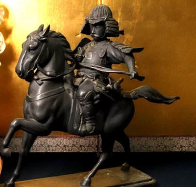 Antigua estatua de bronce de caballería samurai grande 29,5 pulgadas decoración de escultura japonesa Foto 1 de 4