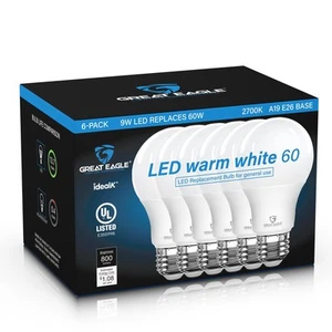 A19 LED Light Bulb, 60W Equivalent Light Bulbs, 9W 2700K Warm White, Non-Dimm... - Picture 1 of 6