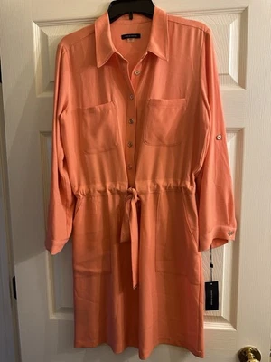 New Calvin Klein Coral Orange Drawstring Waist Long Sleeve Dress 8 - Image 1 of 3