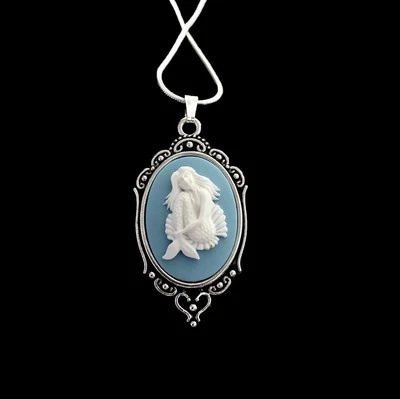 Mermaid Necklace, Vintage Wedgwood Blue Cameo Pendant, 925 Sterling Silver Chain - Image 1 of 3