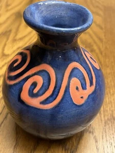 Hand Thrown Pottery Vase From Barbados Blue With Orange Swirl Design - Picture 1 of 5
