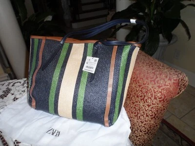 Nuevo Bolso Grande Zara Azul Rafia Multicolor Rayas con Borde de Cuero Sintético Foto 1 de 4