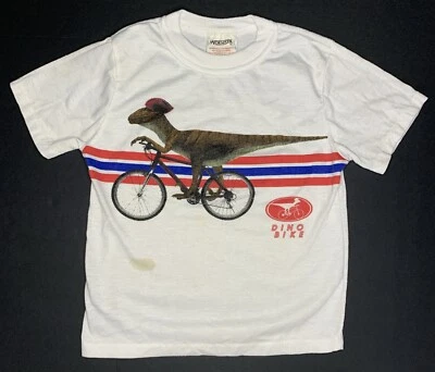 Camisa de Bicicleta Wormser Dino De Colección Juvenil Talla 6 Blanca Raptor En Bicicleta Foto 1 de 4