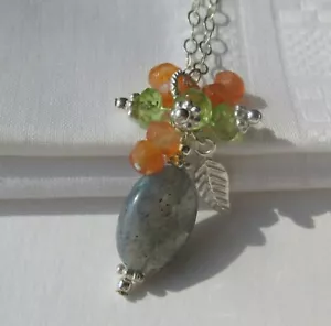 Labradorit Karneol Peridot Ketten-Anhänger Blatt 925 Silber Juan del Rio Designs - Bild 1 von 7