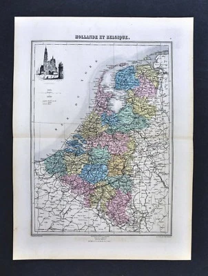 1877 Migeon Map  Holland Belgium Netherlands Amsterdam Anvers Cathedral Vignette - Image 1 of 2