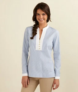 Vineyard Vines Popover Bluse blau weiß Nadelstreifen V-Ausschnitt LS Baumwolle Elasthan 8 - Bild 1 von 6