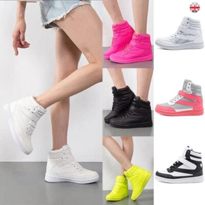 Womens Hidden Wedge Heel Ankle High Top Trainers Lace Up Sneakers Sport Shoes - Picture 1 of 11