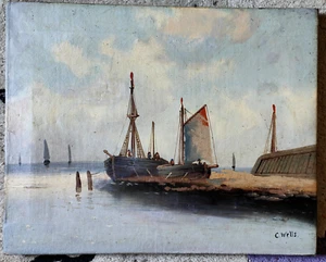 Bateaux de pêche à quai - C. Wells - Ecole anglaise - Marine  - Bild 1 von 4