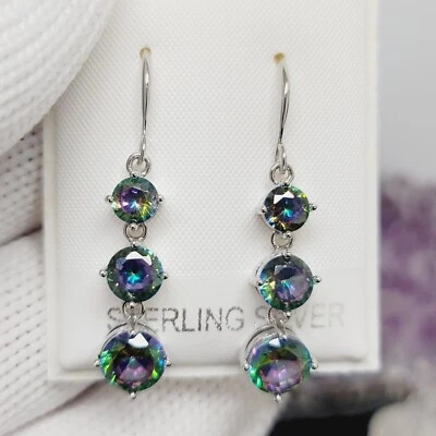 Pendientes colgantes gemas de topacio místico arco iris fuego 1,4 pulgadas oro blanco de 14 K sobre plata Foto 1 de 3