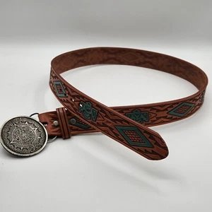 VTG Chambers Phonix Arizona Hand Painted Belt With Mayan Aztek Calendar Buckle - Bild 1 von 15