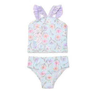 Girls Disney Frozen Tankini 2 Pc Swimsuit ~ Size 3T Ruffle Straps Elsa Floral - Picture 1 of 5