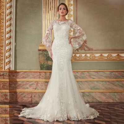 Elegant Mermaid Wedding Dresses O-Neck Batwing Sleeves Lace Appliuqe Bridal Gown - Image 1 of 4