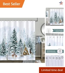 Winter Forest Shower Curtain - Snowy Pine Trees, Deer & Cardinals - 72x72 Inch - Picture 1 of 8