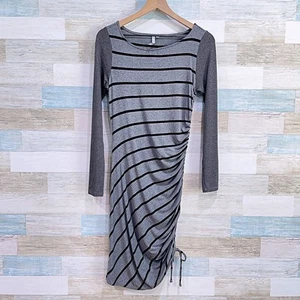 Michael Stars Striped Side Ruched T Shirt Dress Gray Black Casual Womens Medium - Picture 1 of 7