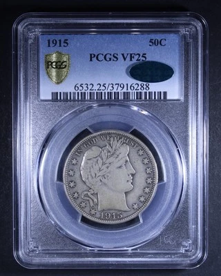 1915 Barber Half Dollar - 50c PCGS VF25 CAC ✅ - Key Date - PCGS Gold Shield - Image 1 of 4