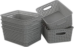 6-Pack Gray Plastic Storage Basket, Plastic Woven Bin - Picture 1 of 12