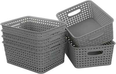 6-Pack Gray Plastic Storage Basket, Plastic Woven Bin - Image 1 of 4