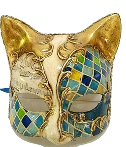 CAT 1 HANDMADE IN ITALY - FEMALE CAT PARTY MASK, PAPIER MACHE, BLUE/GOLD. - Picture 1 of 3