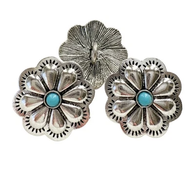 3PC Antiqued Silver Turquoise Flower Metal Buttons Sewing Button with Shank 30mm - Image 1 of 3