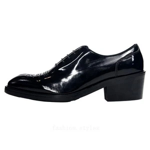 Mens Leather Pointy Toe Block Heel Dress Business Lace Up Oxfords Carved Shoes - Picture 1 of 26