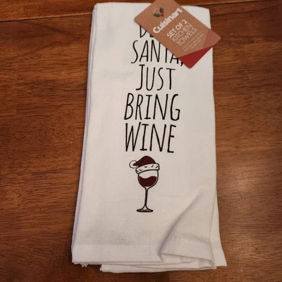Cuisinart DEAR SANTA JUST BRING WINE Black White Kitchen Towel 2pc Christmas Fun - Image 1 of 4