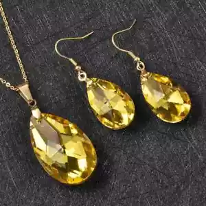 Simulated Yellow Sapphire Drop Earrings & Pendant ION Plated Yellow Gold SS 20" - Picture 1 of 5