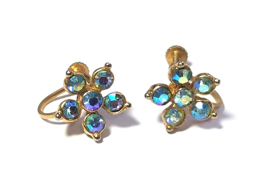 Vtg Gold Tone  Multifaceted Color Cubic Zirconia Flower Design Screw On Earrings Foto 1 de 4