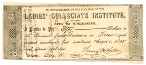 1855 Ladies' Collegiate Institute, Worcester, Massachusetts $50 Note UNL (59917) - Picture 1 of 2
