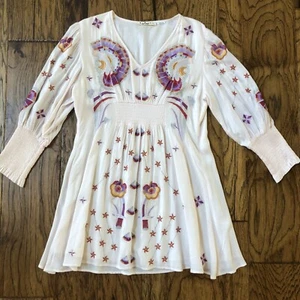 Love Birds Sz L Indian Pink Mini Dress Embroidered Smocked Sleeves Cotton Boho - Picture 1 of 16