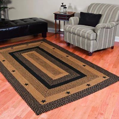 Star Black Braided Area Rug By IHF Rugs. Oval & Rectangle. Many Sizes. Black/Tan - Image 1 of 4