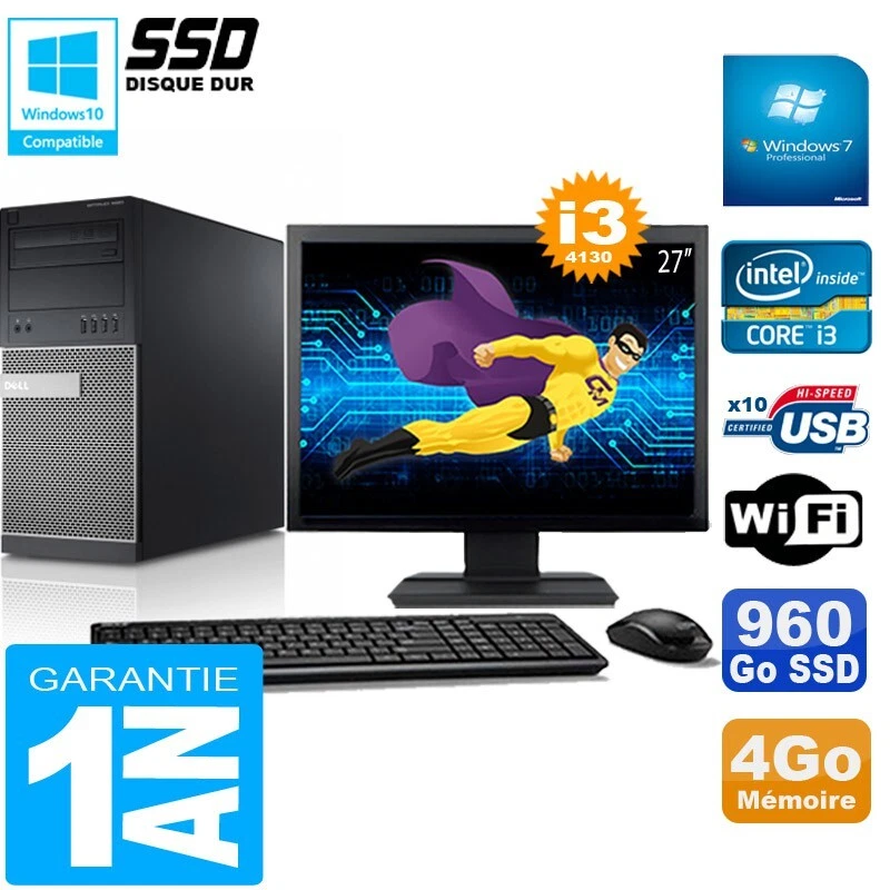 PC tour DELL 9020 Core I3-4130 RAM 4Go Disco 960 Go SSD Wifi W7 Pantalla 27" - Imagen 1 de 1