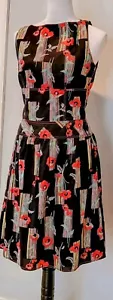Vestido de té Kay Unger NY vintage estampado retro, cintura caída, costuras rojas talla 12 - Imagen 1 de 6