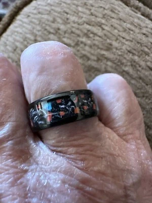 Abalone Seashell W/Orange & Turquoise On Black Stainless Steel Ring In Size 7 - Image 1 of 4