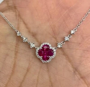 Oval Cut Simulated Pink Ruby Women's Flower Fancy Necklace 14k White Gold Plated - Picture 1 of 4