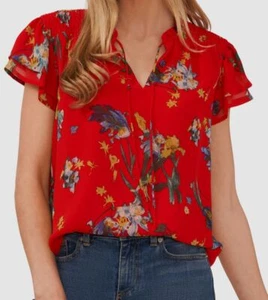 CeCe Women's Red Tie Neck Short Tiered Flutter Sleeve Blouse Size M - Picture 1 of 2