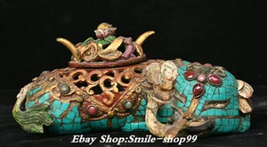 7.8" China Pure Bronze Turquoise Elephant Beast Animal Incense Burner Censer - Picture 1 of 17