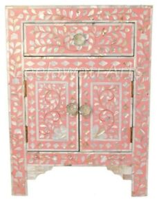 Mother of Pearl Floral Design Pink 1 Drawer 2 Door Bedside Table Nightstand